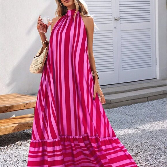 Pink Casual Women's Woven Striped Print Spaghetti Strap Dress - Picture 3 of 6